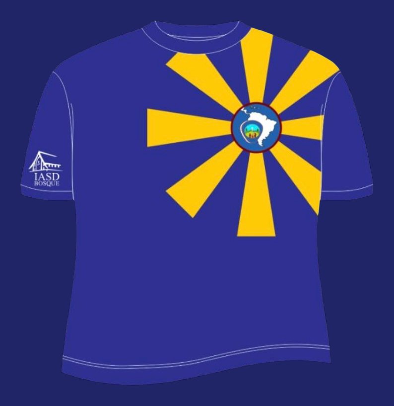Camiseta azul royal com raios de sol e o logotipo antigo dos Aventureiros